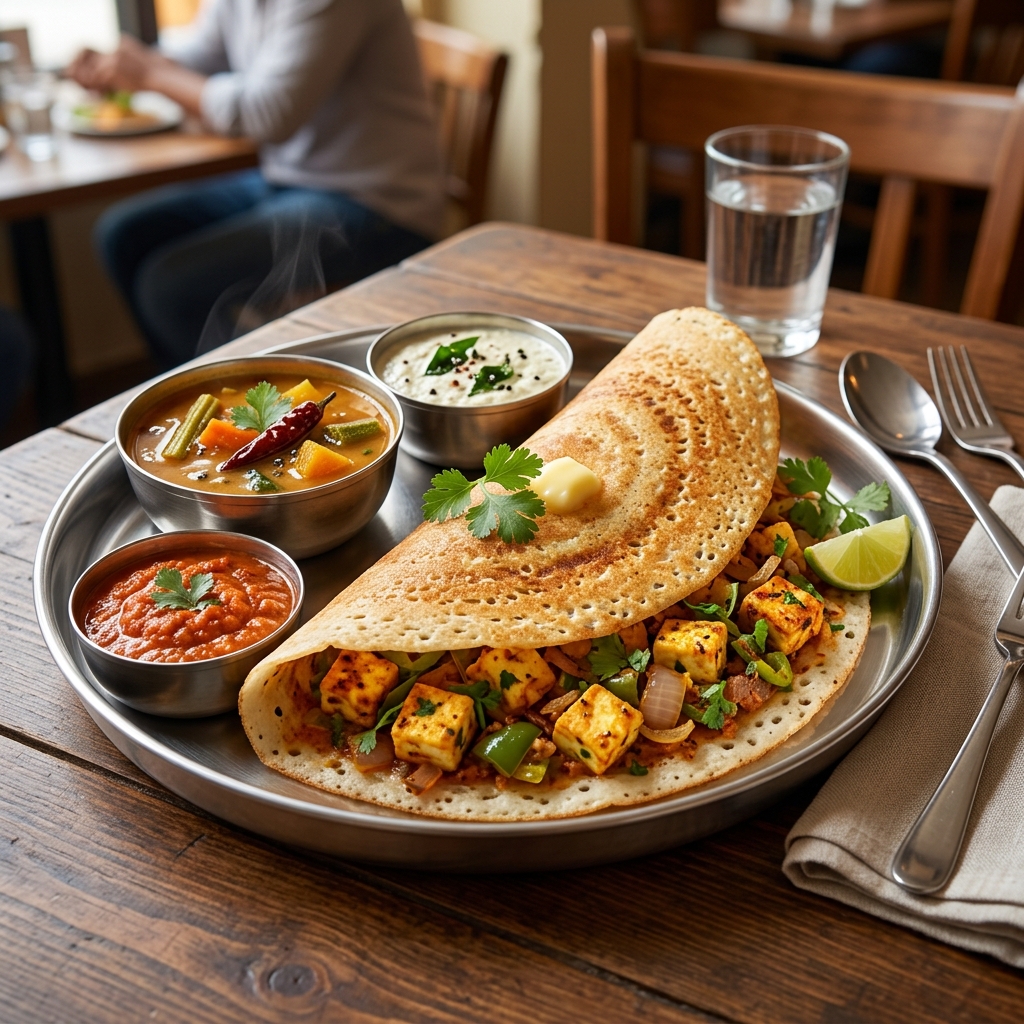 Paneer Dosa with Sambar & Chutney