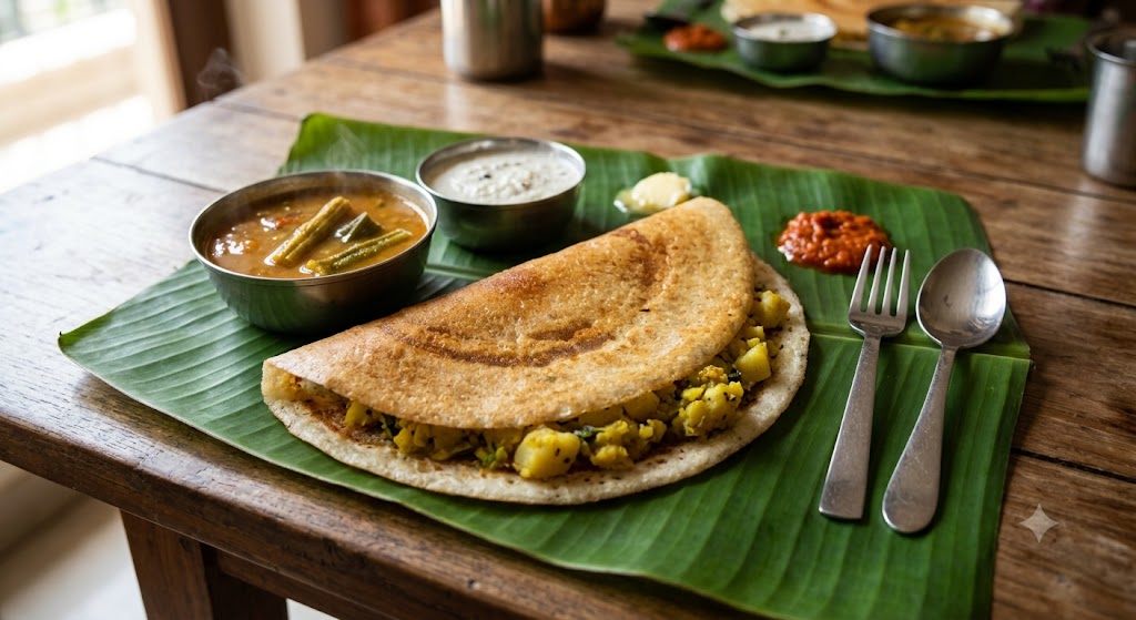 Masala Dosa with Sambar & Chutney